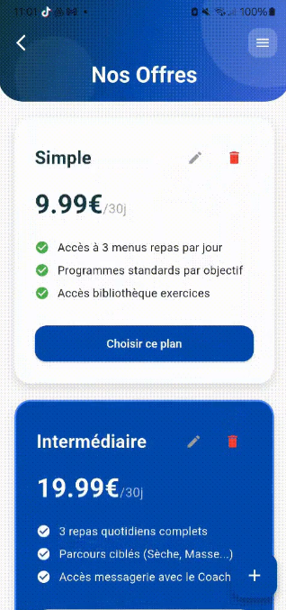 Interface abonnements FitLab